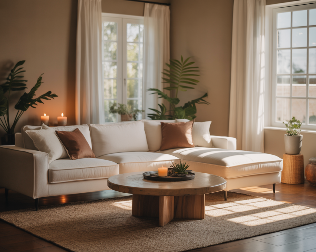 Warm and inviting living room interior designed for a harmonious space by ecoGlow